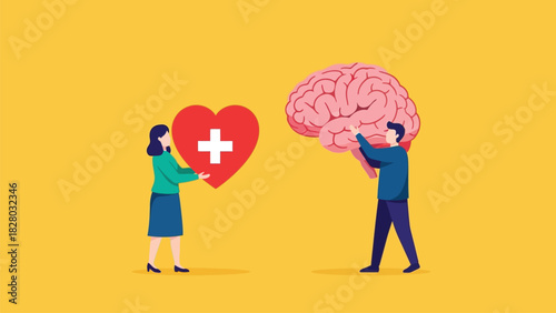 Mental and Physical Health Connection Illustration. People Holding Brain and Heart Representing Mind-Body Wellness Balance.