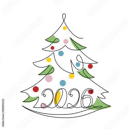 Christmas tree and 2026 – the number of the coming year. Merry Christmas and Happy New Year. Single black line drawing, continuous line drawing style. Vector illustration isolated on white background.