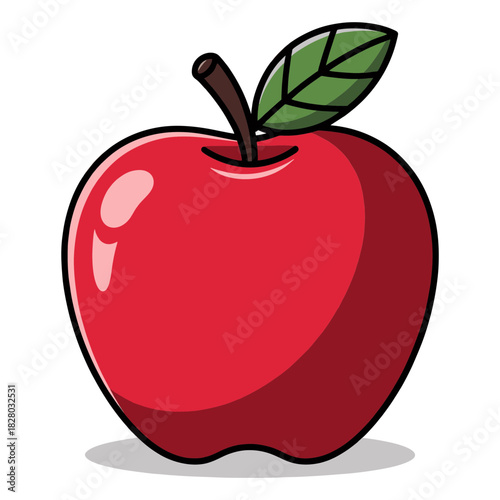 Cartoon Red Apple with Green Leaf Illustration on White Background.