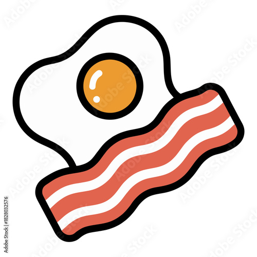Cartoon Illustration of Fried Egg and Bacon Breakfast.