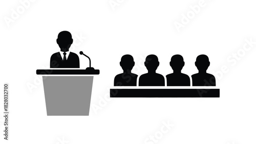Speaker at Podium Icon with Audience Silhouettes - Vector Illustration