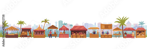 Vibrant City Fair with Food Stalls, Artisans, and Palm Trees: A Festive Celebration of Local Goods and Community Spirit in Sunny Weather