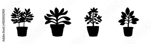Assortment of potted plant silhouettes, simple black icons for diverse houseplant