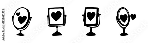 Hand drawn heart reflected in mirror icons. self-love and romantic feelings set.