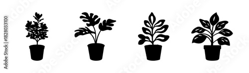 Silhouettes of potted indoor house plants vector set for decoration and design.