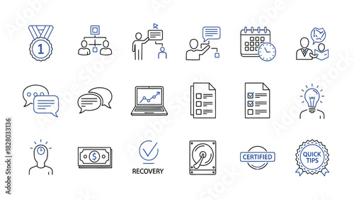 Business, Management, and Productivity Line Icons Set: Strategy, Communication, Achievement, Data, and Finance Concepts