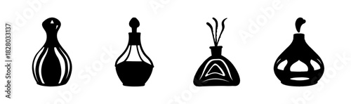 Stylized essential oil and perfume bottle silhouettes icon set for aroma therapy