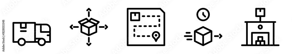 Fototapeta premium Pack de iconos de logística. Camión de entrega, caja multidireccional, ruta de envío, paquete urgente, almacén organizado. Diseño vectorial lineal