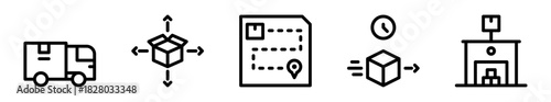 Pack de iconos de logística. Camión de entrega, caja multidireccional, ruta de envío, paquete urgente, almacén organizado. Diseño vectorial lineal