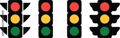 Vector graphic set depicting various traffic light signals, showing illuminated red, yellow, and green lights. Essential for urban road safety and efficient traffic control