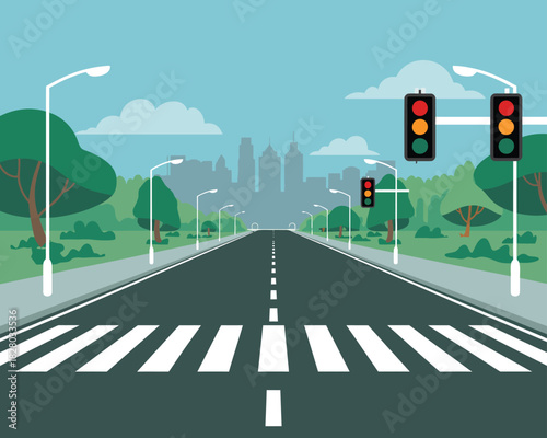 Cityscape Road with Zebra Crossing and Traffic Lights on a Sunny Day Illustration
