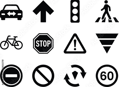 Diverse Set of Simple Black and White Traffic and Transportation Symbols