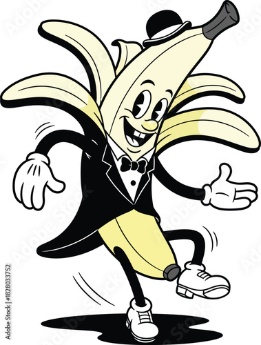Dancing Banana Gentleman Character Wearing Tuxedo and Top Hat