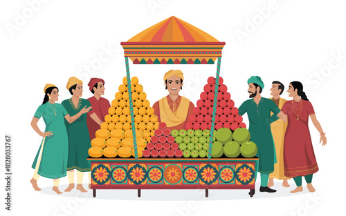 Indian Street Food Vendor with Customers Offering Variety of Fruits, Including Oranges, Apples, Berries, and Green Guava, in Colorful Traditional Setting
