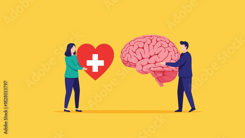 Mental and Physical Health Balance Illustration. Man holding brain and woman holding heart symbol, representing wellness and holistic care.