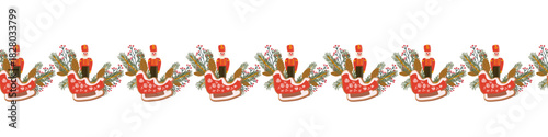 Seamless festive border pattern with gingerbread sled cookies, winter plant, pine branch, christmas ornament soldier and holiday elements.