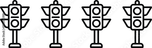 A collection of four identical traffic light icons in a minimalist line art style, featuring simplified geometric shapes and three vertical lights