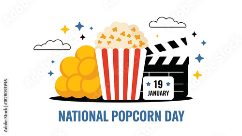 Celebrating national popcorn day with movie clapper and popcorn illustration
