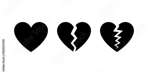 Three hearts showing progression of damage from whole to broken