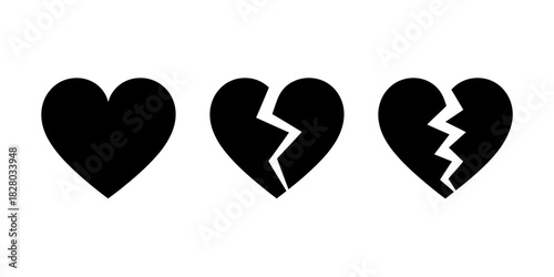 Progression of a broken heart whole to shattered black and white