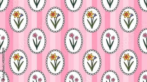 Elegant floral cameo pattern on pink striped background for textiles