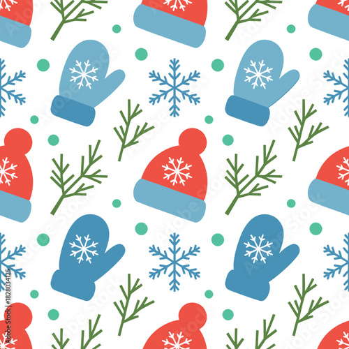 Winter seamless pattern with mittens hats snowflakes and evergreen branches
