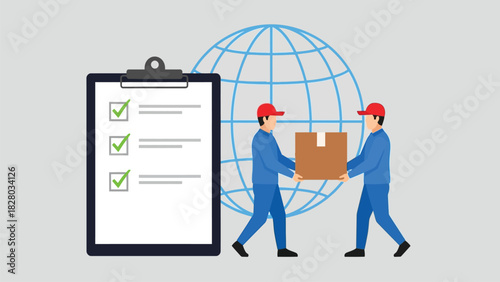 International Delivery Service Vector Illustration with Two Couriers Carrying a Package, Checklist Clipboard, and Global Logistics Map Background