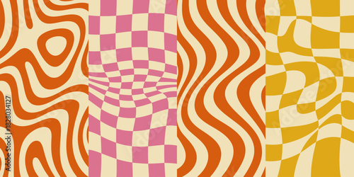 Retro groovy pattern with checkers and swirls in earth tones