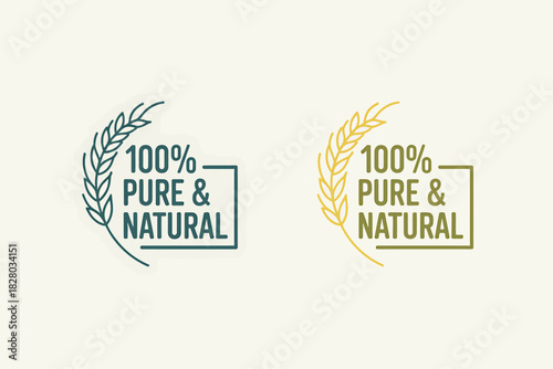 Pure and natural product label with wheat illustration in two colors