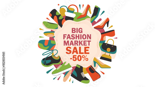 Trendy Fashion Market Sale: Up to 50% Off Shoes and Bags - A Colorful and Eye-Catching Promotion for Retail and E-commerce