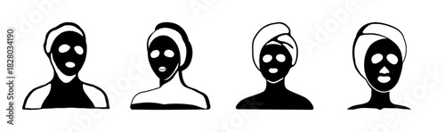 Set of women applying beauty face masks for skin care routine icons illustration