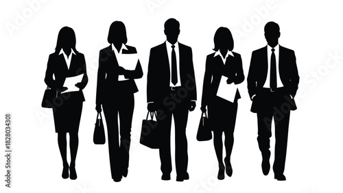 Vector silhouettes of professional business team walking, diverse corporate group illustration isolated on white background