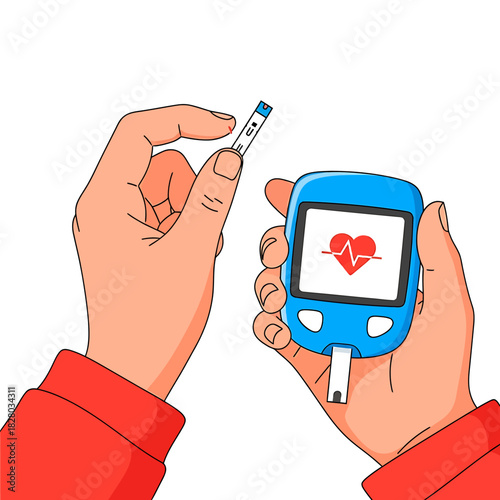 Person checking blood sugar levels with a glucometer and test strip