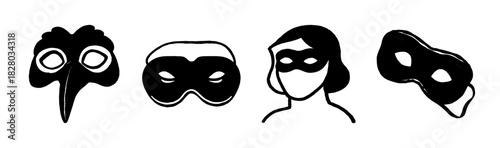Collection of hand-drawn stylized black masks for disguise, carnival, and mystery