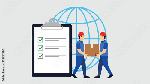 Global Logistics and Delivery Service Illustration with Checklist and Couriers Carrying Package