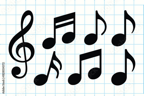 Various musical notes and a treble clef on a light blue grid.