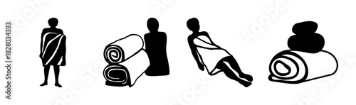 Minimalist spa and relaxation icons: person wrapped in towel, rolled towels, and stones.