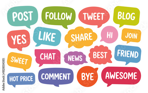 Colorful speech bubbles with social media words and phrases collection