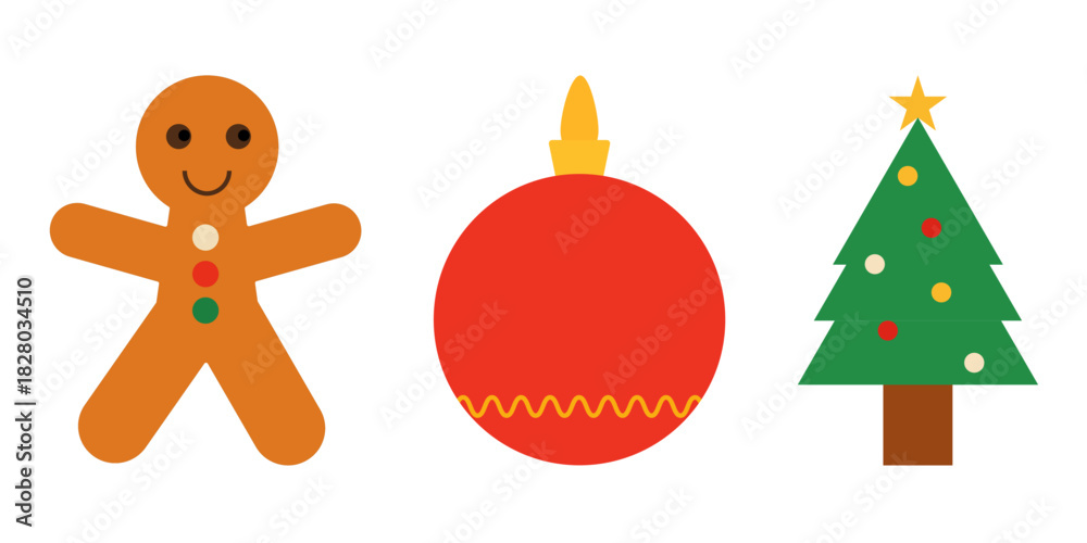 Fototapeta premium Christmas icons in a fun, flat design style: a gingerbread man, ornament ball, and decorated tree. Perfect for holiday cards, festive decorations, and seasonal designs, vector illustration