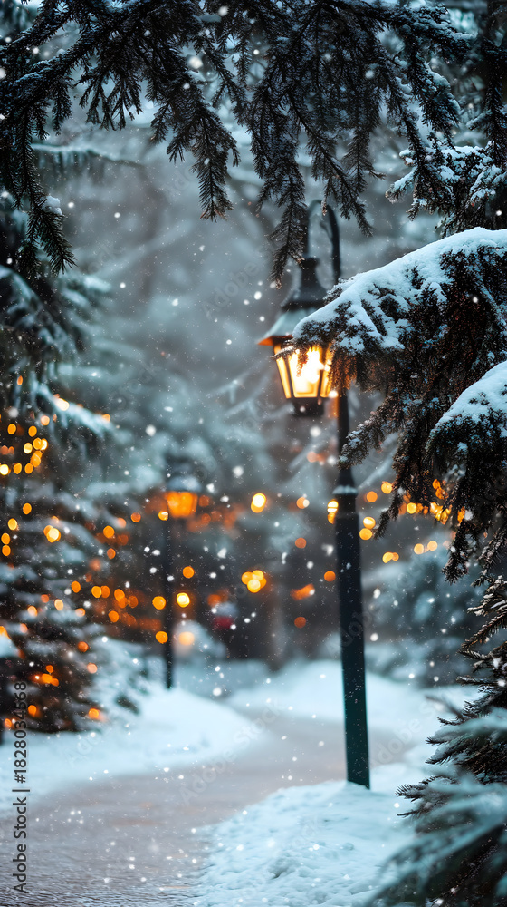 Obraz premium Glowing lamppost on a snowy path in a winter forest at night. Vertical festive Christmas scene with snowfall and bokeh lights. Magical holiday season background
