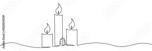 Continuous one-line drawing of three candles with a warm flame and a leaf, evoking a cozy, festive atmosphere. Perfect for holiday and seasonal decor with a minimalist style, vector illustration