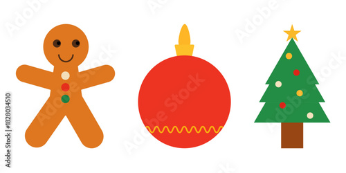 Christmas icons in a fun, flat design style: a gingerbread man, ornament ball, and decorated tree. Perfect for holiday cards, festive decorations, and seasonal designs, vector illustration