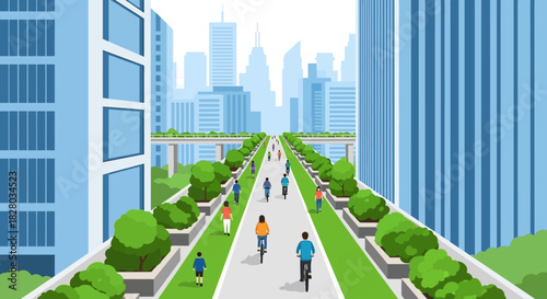Illustration of a city street with people walking and biking between tall buildings and green spaces under a bright sky.