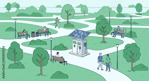 Illustration of a serene park scene with winding paths, trees, benches, and people strolling or sitting in a green landscape with a small blue-roofed kiosk.