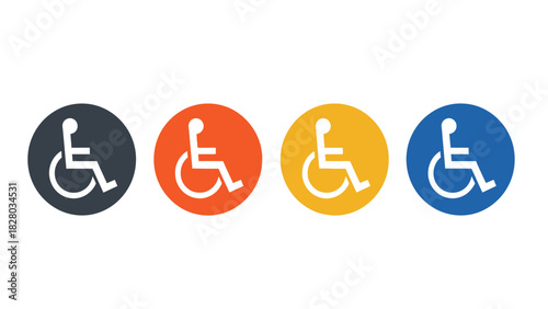 Wheelchair Symbol Icons Set. Vector Illustration of Accessibility Signage in Blue, Orange, Yellow, and Dark Gray Circles. Disabled Access Graphic Design Elements.