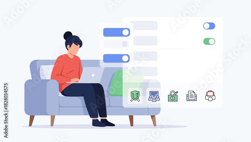 A woman sits on a couch with a laptop, interacting with a digital interface featuring toggle buttons and icons on a light background.