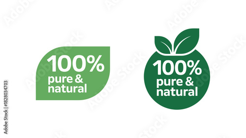 Two green 100 percent pure and natural product labels on white