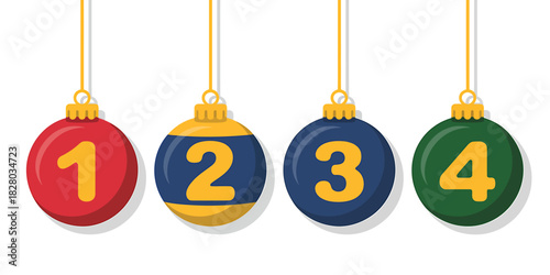 Colorful ornaments numbered one through four hanging on white