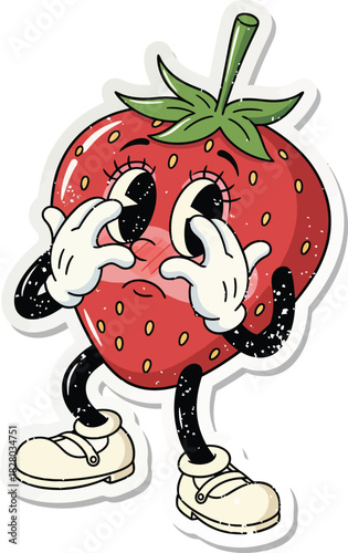Cute Retro 30s Cartoon Strawberry Mascot Hiding Face with Hands in Embarrassment