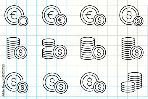 Doodle style money currency coins financial icons vector illustration